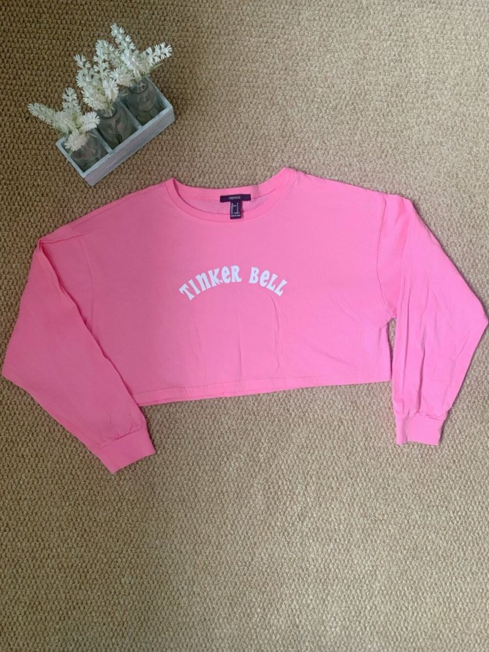 Forever 21 Pink Tinker Bell Cropped Long Sleeve Top S